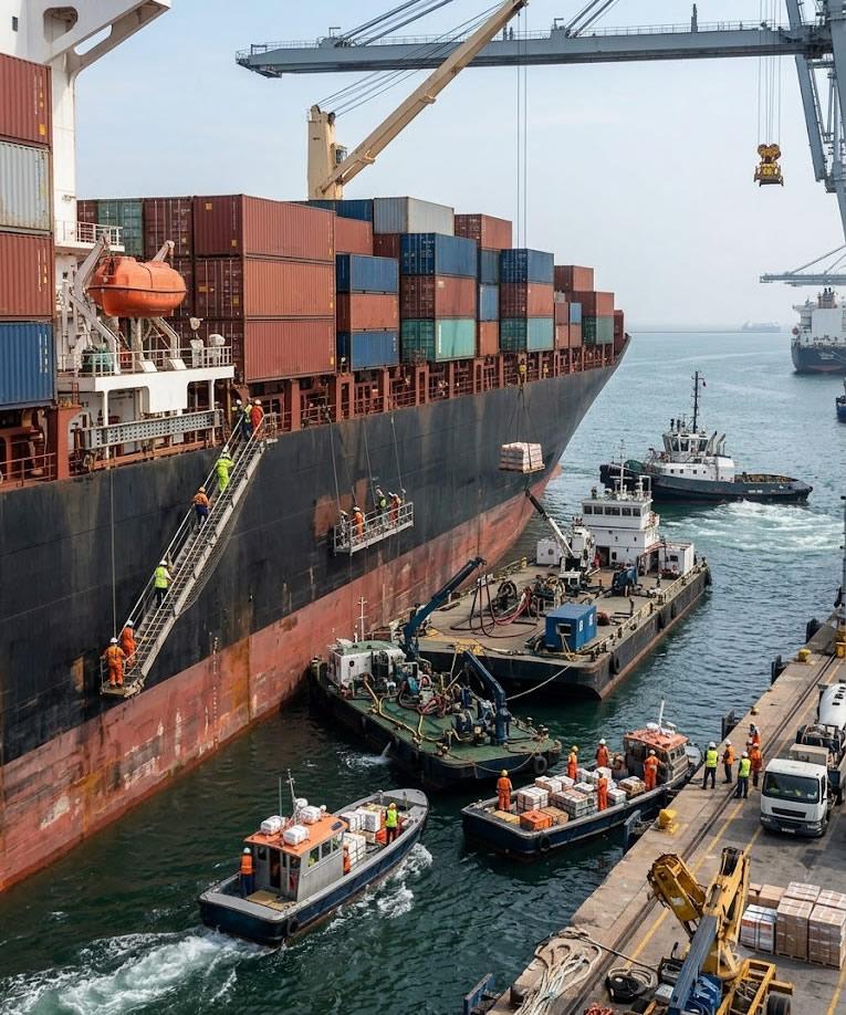 Crew boarding a container vessel at port as service boats deliver supplies